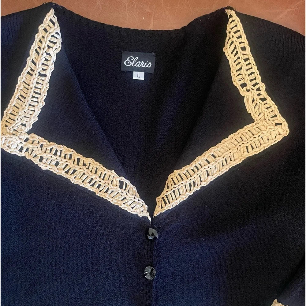 Elaris Black Crochet Trim Cardigan Blouse Gold Button Top Boho Chic Sweater Top